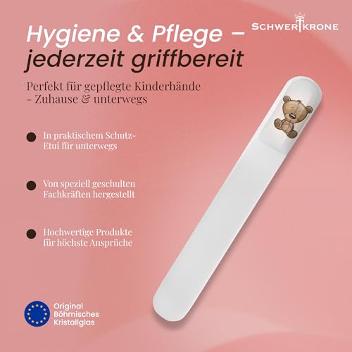 SCHWERTKRONE® Lima de uñas para bebé de cristal bohemio, lima de cristal suave para recién nacidos y niños pequeños, grano fino por ambos lados, diseño de oso en 3D, higiénico - imagen 6
