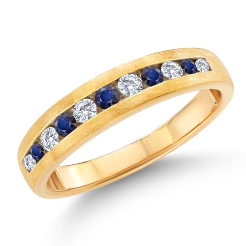 Gem Stone King 10K Yellow Gold White Lab Grown Diamond and Blue Sapphire Satin Finish Wedding Band Ring for Women (0.63 Cttw, Available in Size 7,8,9,10,11,12,13)
