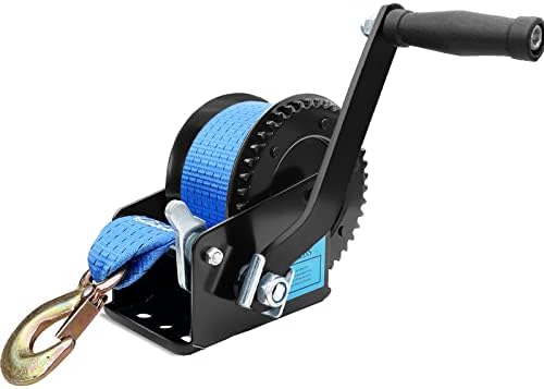 AKRIXKIP Boat Trailer Winch 1600lbs Hand Winch with 26ft Blue Winch Strap, 4:1 Gear Portable Winch with Hook, 2 Way Ratchet Manual Winch for Jet Ski Boat Towing Pulley Drag Winch
