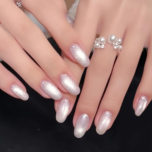 Image of Double Rhythm Jelly Glass Cat Eye Gel Polish with Magnet 15ML Holographic Glitter Shimmer Translucent Sheer Color Magnetic Nail Polish Salon DIY at Home (Milky White Silver-MC1302)