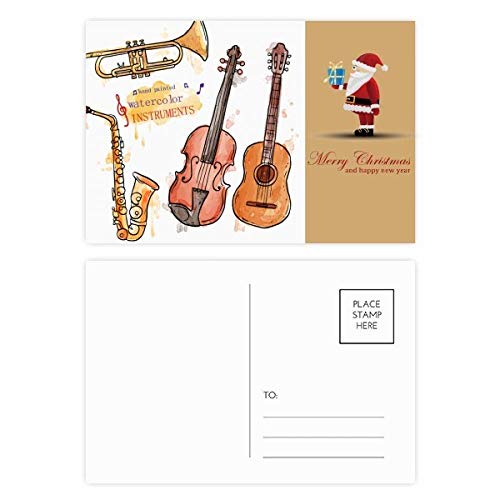 Cartes postales Père Noël et guitare en aquarelle pour décorer votre intérieur à Noël lot de 20
