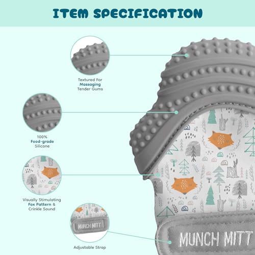 Image of Malarkey Kids Patented Teething Mitten, Munch Mitt Baby Chew Toy - Protects Hands from Chewing & Saliva, Heals Aching Gums, Promotes Sound & Visual Stimulation for Babies - Grey Fox