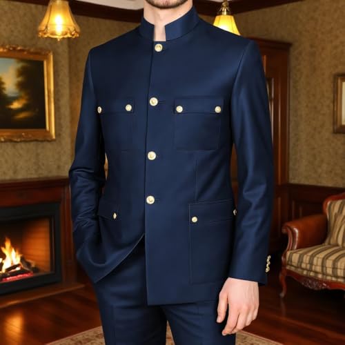 Men's 2 Pieces Stand Collar Chinese Tunic Suit Slim Fit Gold Button Suits for Men Jacket Pant Set Traditional Wedding2