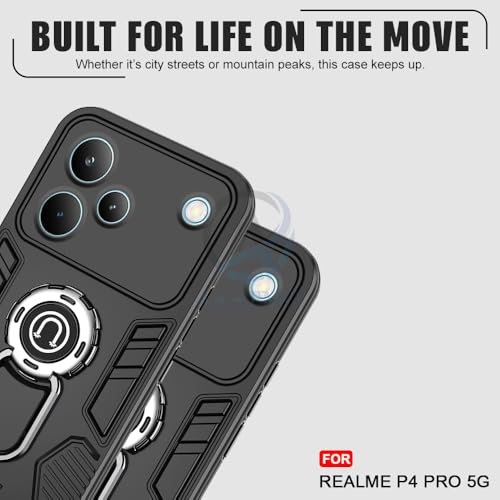 Image of AESTMO Realme P4 Pro 5G Back Case Cover | Tough Armor Bumper | Ring Holder & Kickstand in-Built | 360 Degree Protection Cover for Realme P4 Pro 5G (Black)