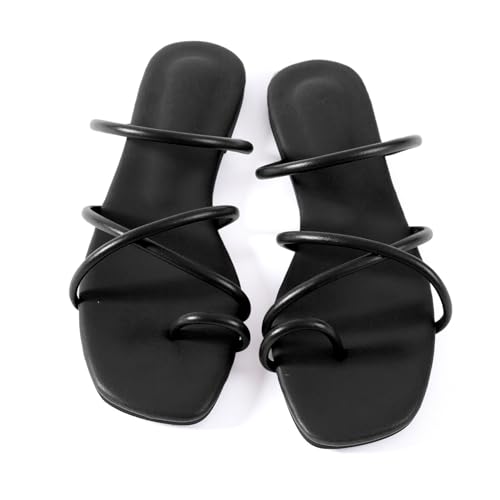 Image of Mtzyoa Women's Strappy Flat Sandals with Toe Ring | Lightweight Walking Slides | Summer Beach Wedding Shoes | Black | Casual Dressy Vacation