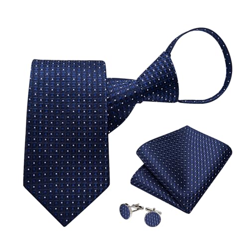 Image of DiBanGu Silk Zipper Ties for Men,Paisley Solid Plaid Pre-tied Tie and Pocket Square Cufflinks Set Formal Adjustable Necktie
