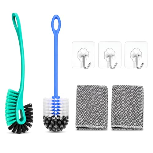 Image of PulGos 7-in-1 Bathroom Cleaning Kit | 2 Toilet Brushes-Hockey & Round Style | with 3 Self-Adhesive Wall Hooks & 2 Steel Scrubber Pads | Washroom's Deep Cleaning Brush Set for Western & Indian Toilets