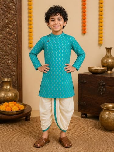 Image of superminis Boy's Cotton Kurta with Dhoti - Golden Thread Work, Solid Round Collar, Full Sleeves, Side Button Kurta Set for Ethnic Wear