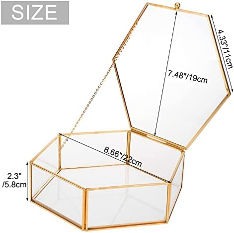 Hexagon Gold Vintage Jewelery Glass Box,Large Hexagon Display Glass Lidded Box, Gift Organizer Holder for Keepsake Case Bracelet Rings, Earrings, Necklaces, Wedding and Home Decor