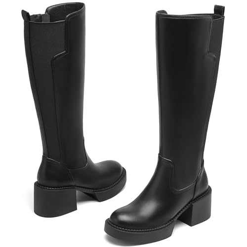 Women's Knee High Boots Chunky Block Heel Boots Stretch Calf Round Toe Side Zipper Platform Tall Boots Fall Comfort Long Boots3