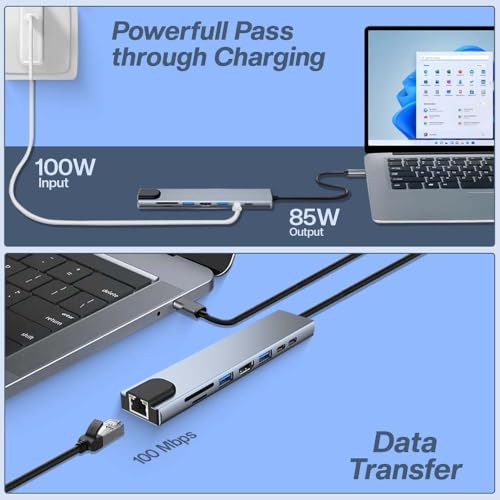 Image of UNIGEN 8 in 1 USB Type-C HUB Adapter with 4K HDMI, 100W PD, USB C Port, USB 3.0, RJ45 Ethernet, SD /TF Card Reader, Docking Station Compatible with MacBook Pro /Air Laptops and Other Devices