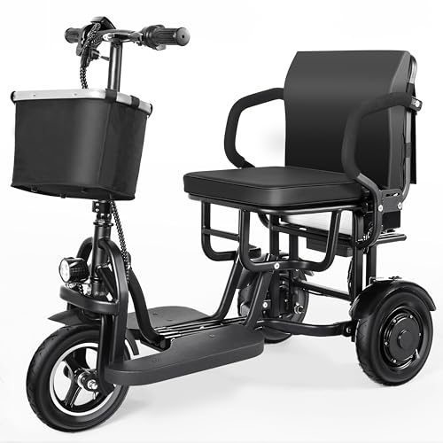TopMate ES12 Patinete de Movilidad de 3 Ruedas Ligero y Plegable para Adultos y Personas Mayores con Asiento Ergonómico y Batería Extraíble, Motor 250W y 3 Velocidades Ajustables, E-Triciclo con Cesta