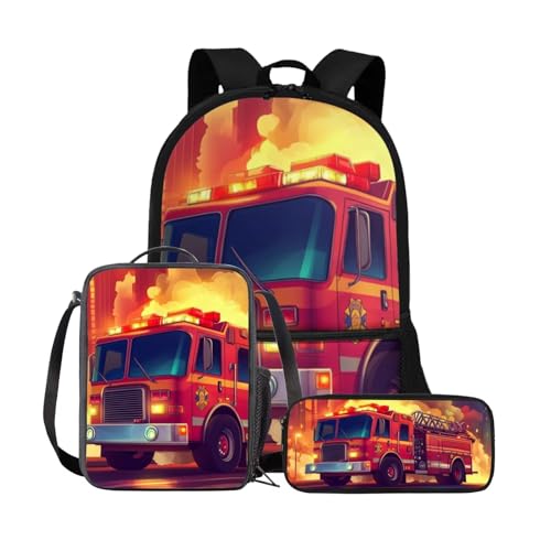 Rnyleeg Fire Truck Backpack for Boys Novelty Kids Bookbag Set Lightweight Lunch Box and School Bag Set of 3 for Elementary Middle Back to School Gifts2