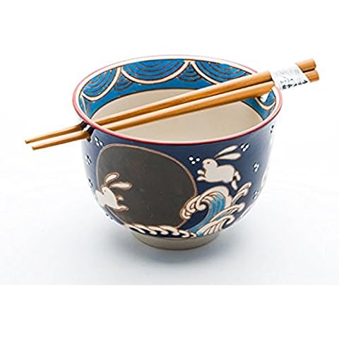 Happy Sales HSRB-RBMN, Japanese Ramen Udon Noodle Bowl with Chopsticks Gift Set, Rabbit Cover