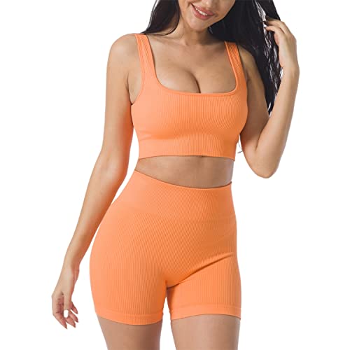 Conjunto de 2 piezas de yoga sin costuras acanalado sujetador deportivo ajustado para mujer - rojo - Large Cover