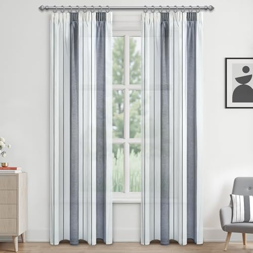 MRTREES Gardinen mit Kräuselband Gestreift Vorhänge vorhänge Schlafzimmer Modern Vorhangschals 2er Set Vorhang Stores Gardine Halbtransparent Grau und Weiß 225×140cm