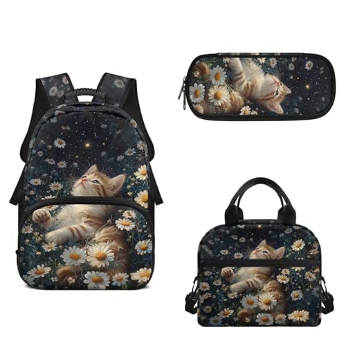 Kids Backpack Set 3 In 1 Elementary Middle High School Bags Bookbags Cat Print Lunch Bag Pencil Bag Set with Strap Lightweight Cat Print Schoolbags