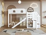 Photo Gallery gelukueub lettino a castello, culla con finestra, con scivolo per bambini, scale con corrimano, con 2 armadietti nelle scale, design versatile, ampio spazio di archiviazione, pino+mdf, bianco+marrone Photo Gallery gelukueub lettino a castello, culla con finestra, con scivolo per bambini, scale con corrimano, con 2 armadietti nelle scale, design versatile, ampio spazio di archiviazione, pino+mdf, bianco+marrone