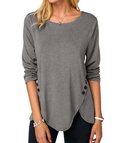 Lista de Camisetas de manga larga para Mujer , tabla con los diez mejores. 50 VIOPY Blusas de Mujer Playeras Manga Larga Elegantes con Botones Laterales y Cuello Redondo Camisetas Tops Casual para Uso Diario, Trabajo, Vacaciones y Citas(Gris L)