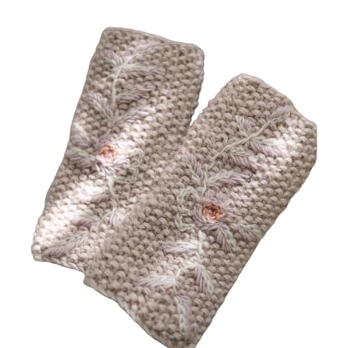 Women's Fingerless Gloves Embroidered Hand Knif Mittens Cashmere Cute and Floral (cream)