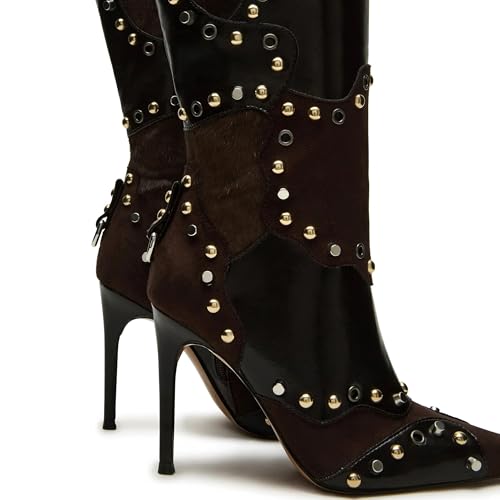 Knee High Boots Women Rivets Fall Tall Boots Pointed Toe Stiletto High Heels Side Zipper Party Dress Shoes 7