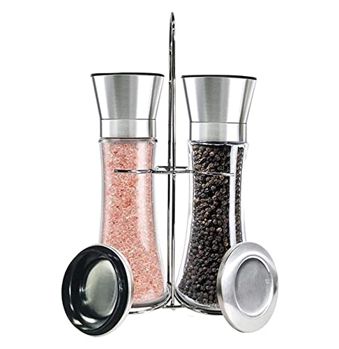 Moulin à sel et à poivre, ensemble de 2 moulins à sel et à poivre avec support en acier inoxydable, pour sel de mer, chili, bouteille d'épices de cuisine au sésame, moulin à poivre Pepper Grinders