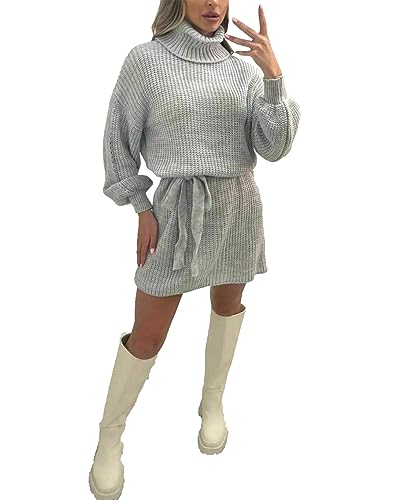 Image of FAIRY BOUTIQUE Ladies Roll Neck Long Pullover Jumper Dress Womens Knitted Long Balloon Sleeve Oversized Belted Dress UK Size 8-18 Grey