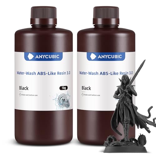 ANYCUBIC Wasser Waschbares ABS-Like Resin 3.0, 3D Drucker Resin mit Hohe Festigkeit und Zähigkeit, Geruchsarm, Hochpräzises 405nm UV-härtendes Harz für alle Harz 3D Drucker, Schwarz 1000g Sc