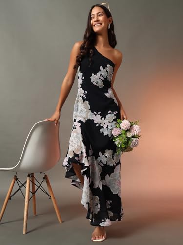 Image of Trend Arrest.ed Women's Floral One-Shoulder Cocktail Dress | Asymmetrical Hem with Lining | Adjustable & Removable Pads | Elegant Fit for Party, Wedding & Special Occasions