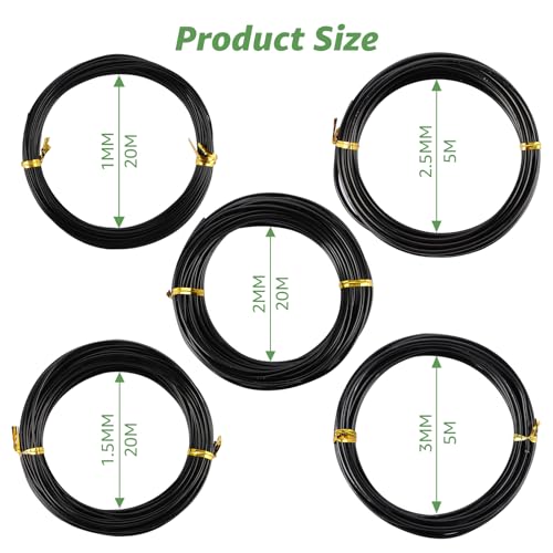 VIDETOL 5 Stück Bonsai Draht, 70 Meter(1 mm, 1,5 mm, 2 mm, 2,5 mm, 3mm) Eloxiertes Aluminium Draht, Bonsai Aluminiumdraht für Pflanzen und Bäume