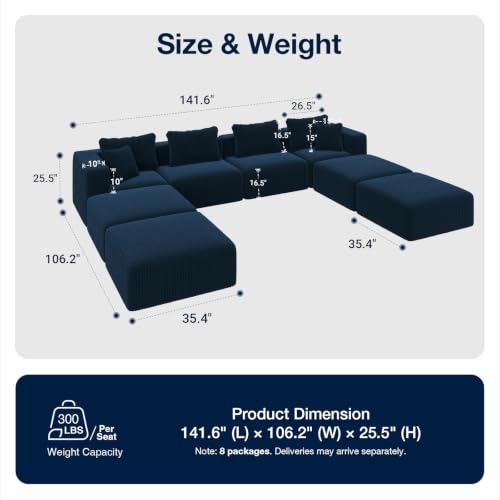 Image of Avenco 141-inch U-Shaped Modular Sectional Couch Sofa with 4 Ottomans