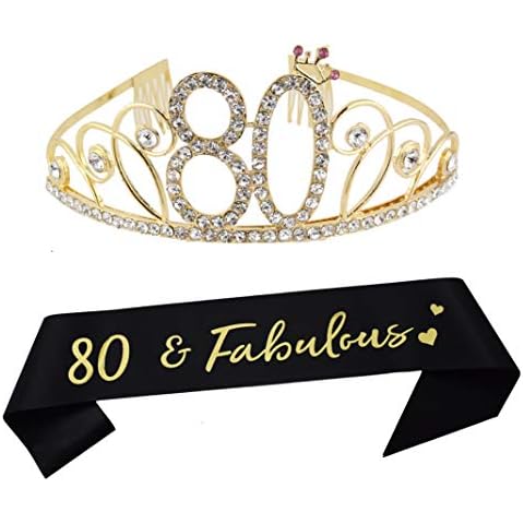 Dgasin Happy 80th Birthday Tiara and Sash Supplies 80 Fabulous Black Glitter Satin Sash Gold Crystal Tiara Princess Birthday Decorations Crown for Women Cover
