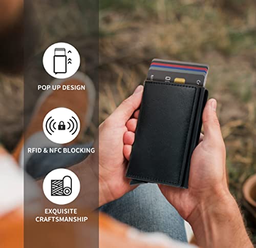 Men's Genuine Leather Wallet | RFID Blocking Aluminum Automatic Pop Up Credit Card Holder Case | 8 Card Slots, 24-Black, Minimalist4