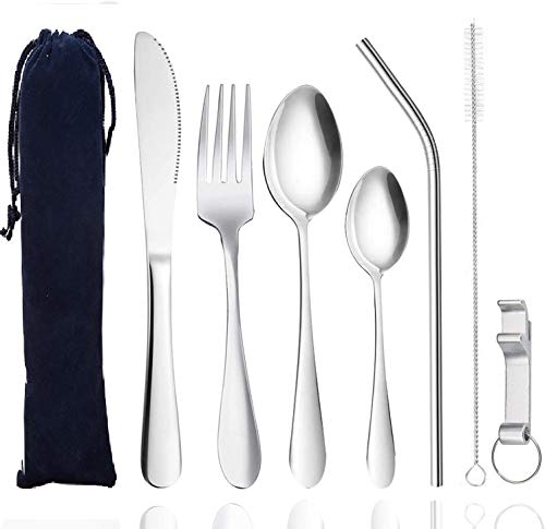 Camping Besteck Outdoor Besteck Set Hochwertiges Grillbesteck Reisebesteck aus Edelstahl für Wandern, Reisen, Picknick, Büro, Schule, 7 Stück (Größer als jene) Cover