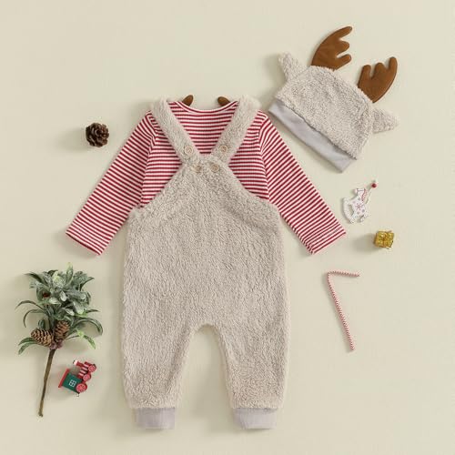 Image of Baby Boy Christmas Outfit Elf Newborn Romper Pants Set With Hat | Long Sleeve Bodysuit, Striped Romper Overalls Set, Baby Boy Elf Outfit, Fall Winter Clothes With Hat, My First Christmas.