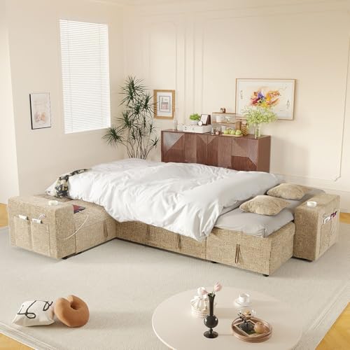 Image of Modular Sectional Sleeper Sofa with Pull Out Bed, 108 Inch U Shaped 7 Seat Couches for Living Room, Chenille Fabric Cloud Couch Bed with Storage & Reclining Backrest, USB Charging, Khaki