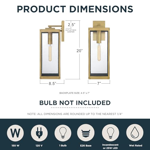 Image of Quoizel Westover 20 inch Outdoor Wall Lantern, Antique Brass | 1-Light, Clear Seeded Glass, E26 Base, ETL Wet Rated