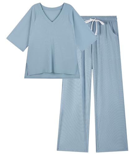 difficort Womens 2 Piece Outfits Raglan Short Sleeve Lounge Sets Wide Leg Sets Lounge with Pockets,Haze Blue,X-Large