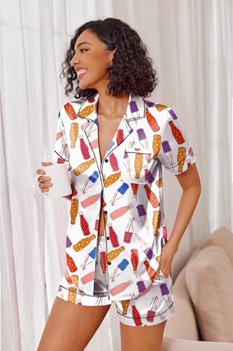 Image of Ekouaer Womens Satin Silk 2 Piece Pajamas Set Short Sleeve Sleepwear