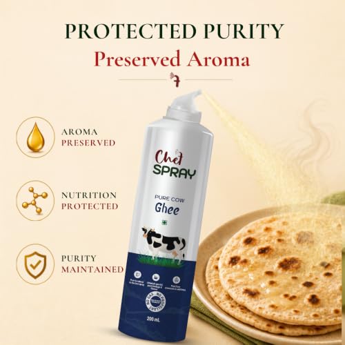 Image of ChefSPRAY Pure Cow Ghee Cooking Spray - Uthukuli Bilona Ghee, 200ml - Propellant-Free Non-Stick Oil Spray Dispenser for Healthy Cooking & Air Fryer - Mess-Free Oil Control & Fitness