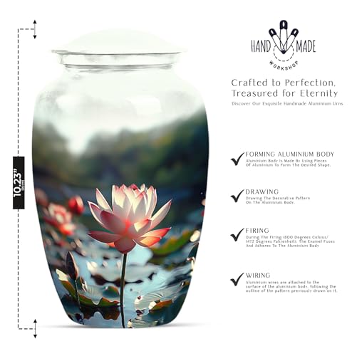 Image of Personalized Lotus - Memorial Urns For Mom & Dad - Decorative Urns For Ashes - 10 Inch - Large With Velvet Bag - Human Remains Urn - Cremation Urn For Ashes - Burial Urns - Large Funeral Urn