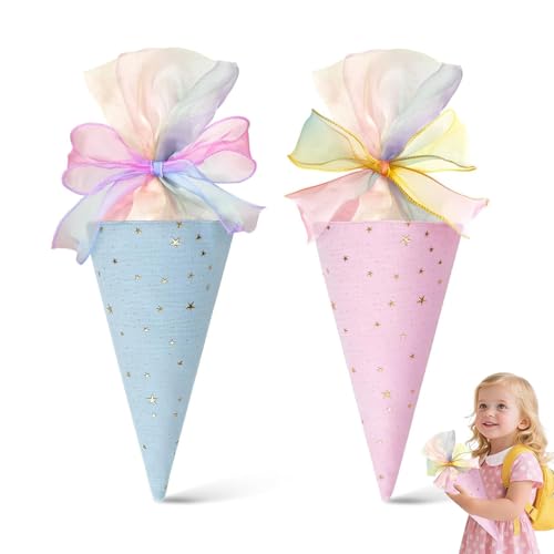 FMPXYYA Einschulung Geschenk Set 2 Stück Schultüte 49cm für Geschwister Jungen Mädchen Mini Zuckertüte Blau Rosa mit Schleife ideal für Schulanfang Einschulungsfeier