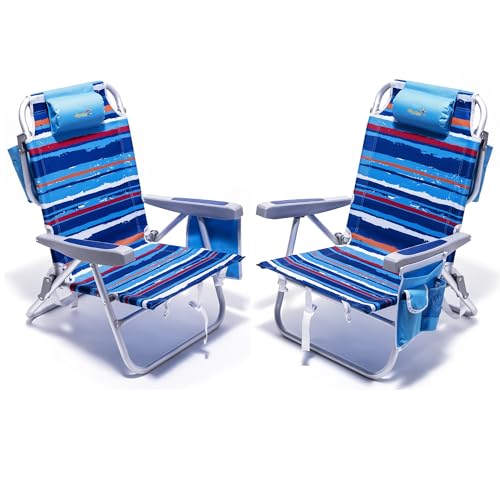 SUNNYFEEL Beach Chairs for Adults 2 Pack 5 Position Lay Flat, Portable Folding Backpack Beach Chair...