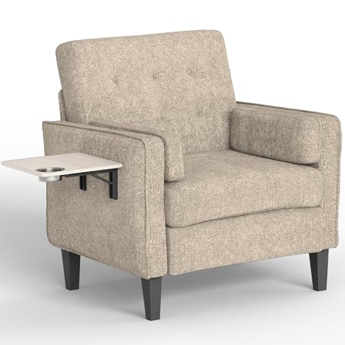 Image of Chenille Accent Chair, Mid Century Modern Arm Chair with Foldable Wooden Side Table & Cup Holder - Comfy Reading Chair for Bedroom,Living Room Chairs,Single Sofa Chair,Beige
