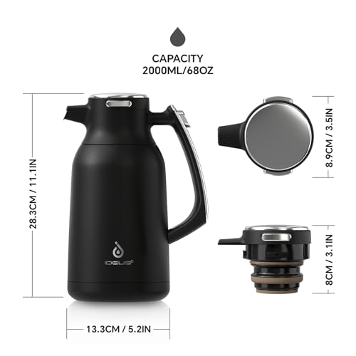 Image of IDEUS Thermal Coffee Carafe, Stainless Steel Double Wall Insulated Vacuum Flask, Water Jug Coffee Server and Beverage Dispenser, Heat and Cold Retention (Black, 68, Fluid Ounces)