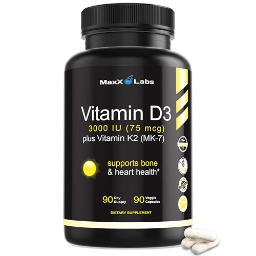 MaxX Labs Vitamin D3 K2 3000 IU - with Vitamin K as MK-7 from Natto - High Potency Vitamin D Supplement Support Healthy Bones, Teeth, Heart & Immune Function, Gluten-Free - 90 Capsules MaxX Labs Vitamin D3 K2 3000 IU - with Vitamin K as MK-7 from Natto - High Potency Vitamin D Supplement Support Healthy Bones, Teeth, Heart & Immune Function, Gluten-Free - 90 Capsules
