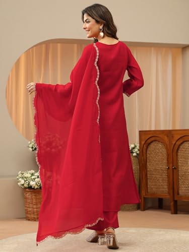 Image of Libas Embellished Silk Blend A Line Kurta With Trouser and Dupatta | ethnic wear | bridal suit | wedding dress | occasion wear
