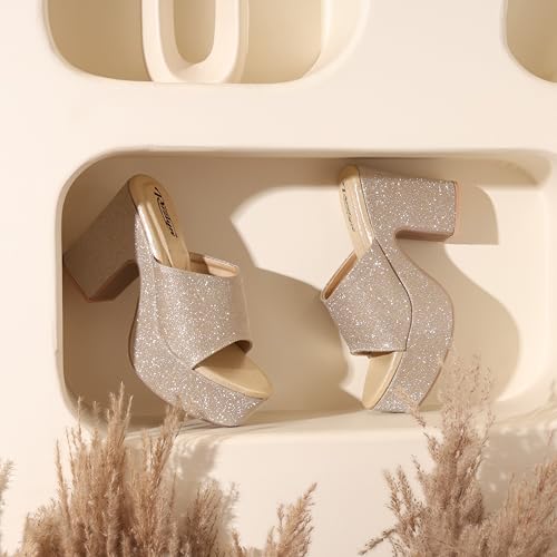 Image of Women's Glitter Block Heel Platform Sandals, Open Toe High Heels