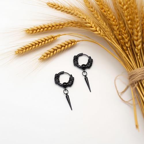 Men's Fashion Korea Style Stainless Steel Huggie Hinged Hoop Earrings with Long Chains Dangle Retro Feather Leaf Skull Awl for Men Women Boys3