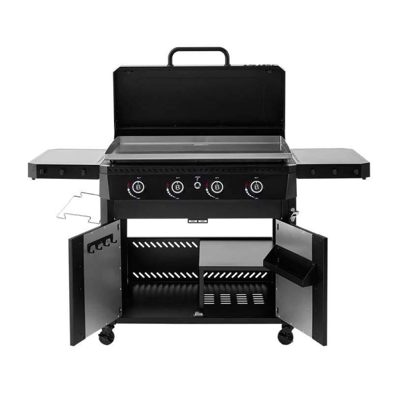 BRASERO BY FAVEX – Plancha gaz Stellar 900 sur chariot 4 feux – Plaque inox XXL 86 x 53 cm – 16 kW – Jusqu'à 12 à 14 convives – Capot inclus